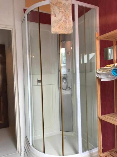 eine Dusche in einem Zimmer mit Glastür in der Unterkunft B&B Le Chant des Tourterelles - Mr Guieau in Épargnes