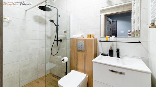 a bathroom with a shower and a toilet and a sink at Wonder Home - Apartament Blue z widokiem na góry - przy szlakach turystycznych i stokach narciarskich in Karpacz