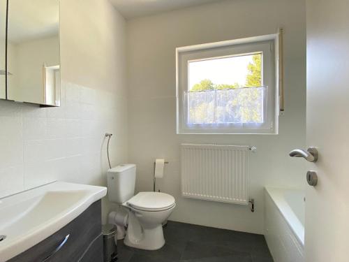 a bathroom with a white toilet and a window at Försters Ferienhaus in Atzelgift