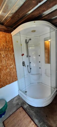 a shower with a glass door in a room at Secret Garden Camping in Bontida
