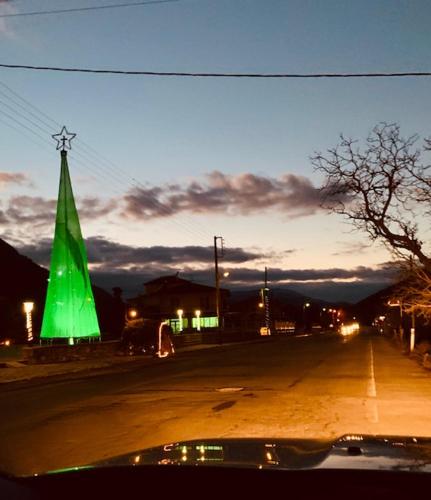 a green christmas tree in the middle of a street at Stonehouse dome Lagadia in Lagadia