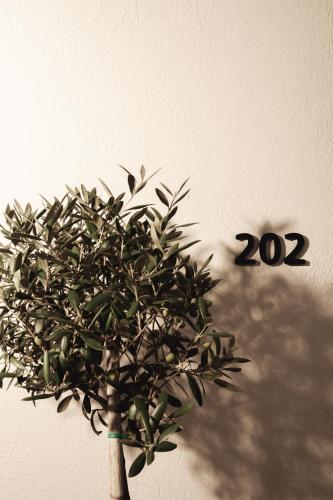 a plant next to a wall with a sign at Om Living Afitos in Afitos