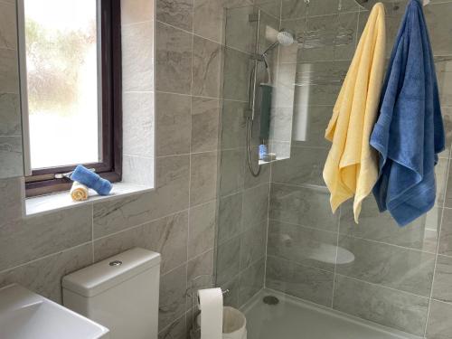 a bathroom with a shower with a blue towel at Studio Annie in Findon