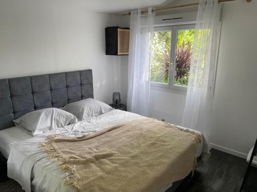 sypialnia z dużym łóżkiem i oknem w obiekcie Maison dans sa Jungle, aux milliers d’espèces… w mieście Montmagny