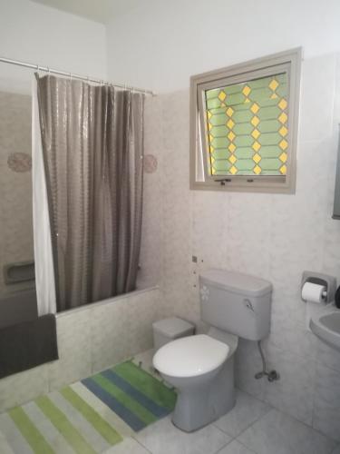 baño con aseo y lavabo y ventana en Golden sunshine, en Paralimni