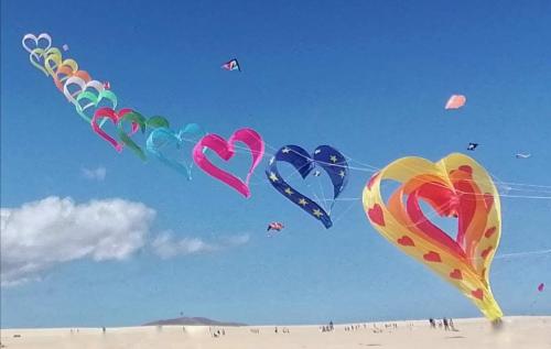 eine Gruppe Drachen, die am Strand in den Himmel fliegen in der Unterkunft Pax et Bonum in Parque Holandes