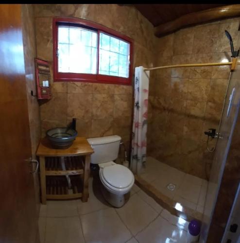 a bathroom with a toilet and a shower at Casita de Colores in Cosquín
