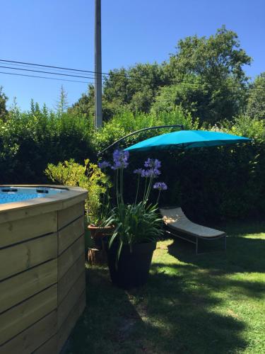 a garden with a bench and an umbrella at Maison de Lege in Lège-Cap-Ferret