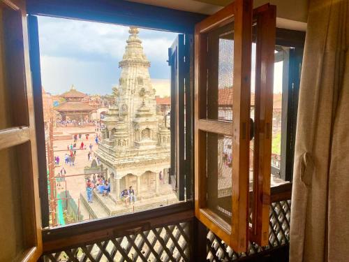 a view from a window of a temple at Shiva Guest House in Bhaktapur