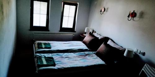 奧沙克的住宿－Бутикова къща "МЕРИ"，一间卧室设有两张床和两个窗户。
