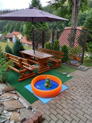 a picnic table and an umbrella and a frog in a pool at Monteur- und Ferienwohnung Waldrauschen in Fehrenbach