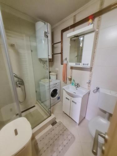 ein Bad mit einer Dusche, einem WC und einem Waschbecken in der Unterkunft Apartmani Minjević in Bijelo Polje