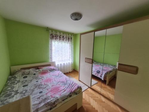 1 dormitorio con paredes verdes, 1 cama y espejo en Apartmani Minjević, en Bijelo Polje