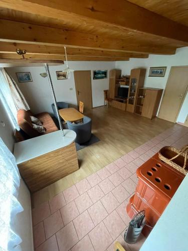 mit Blick auf ein Wohnzimmer mit einem Sofa und einer Küche in der Unterkunft Chaty Podhradi nad Dyji in Podhradí nad Dyjí