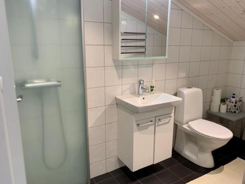 La salle de bains est pourvue de toilettes, d'un lavabo et d'une douche. dans l'établissement Kastellegården, à Kungälv