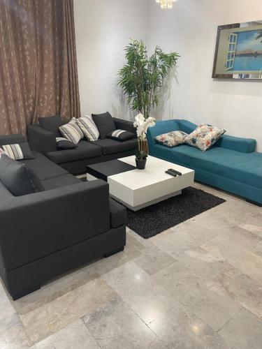 a living room with two couches and a coffee table at Appartemet haut standing in Tunis