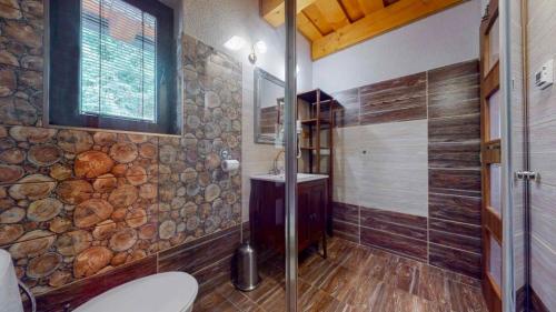 een badkamer met een douche, een toilet en een wastafel bij Chata Mlynná in Mýto pod Dumbierom
