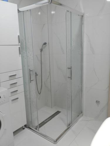 a shower with a glass door in a bathroom at Apartman Regina in Užice