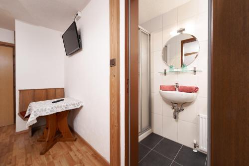 a bathroom with a sink and a mirror at Aktivurlaub Morandell in Sölden