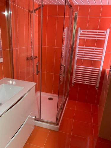 a red bathroom with a shower and a sink at Casa da Gracita in Pereira