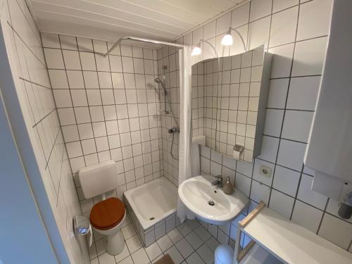 ein kleines Bad mit WC und Waschbecken in der Unterkunft Ferienwohnung Geiger in Sersheim
