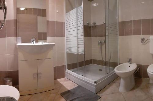 a bathroom with a shower and a sink and a toilet at Vis - luxury holiday villa with swimming pool in Vis