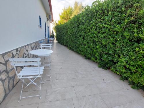 a patio with chairs and a table next to a hedge at B&B Il Gabbiano in Cittadella del Capo