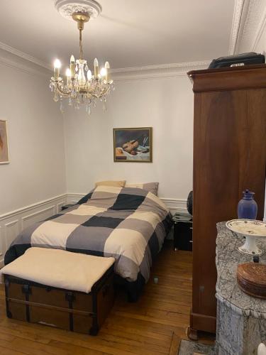 une chambre avec un lit et un lustre dans l'établissement Bel Appartement Haussmannien - Gare de Lyon, à Paris