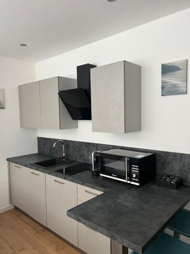 a kitchen with a counter top with a microwave at [Udine Centro] Bloom Apartment in Udine