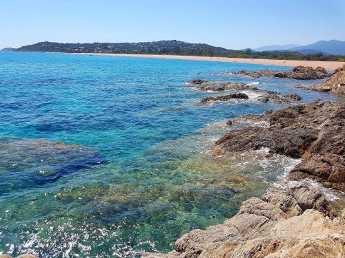 a beach with clear blue water and rocks at L'Original, Superbe appartement à 5min de la plage in Zonza
