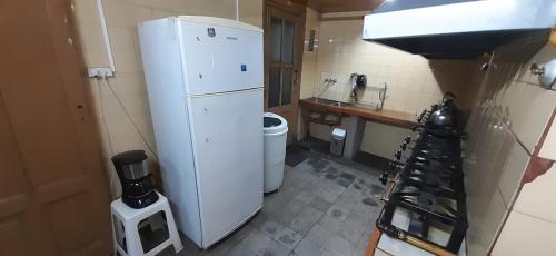 uma pequena cozinha com um frigorífico branco e um lavatório em Hotel El Pibe em Buenos Aires