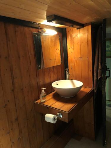a wooden bathroom with a sink and a mirror at Double Room in Character Cottage With Parking, Beaulieu, New Forest in Beaulieu