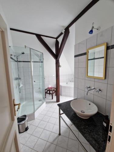 a bathroom with a sink and a shower and a tub at Ferienwohnung mit Flair in Dresden