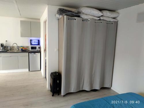 a room with a shower curtain in a kitchen at appartement centre ville du Boulou pour 2 adultes-2 enfants- check in 17h 20h check out 11h max juille-aout 1 semaine minimum in Le Boulou