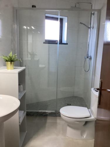a bathroom with a toilet and a glass shower at Miradouro da Serra in Monchique