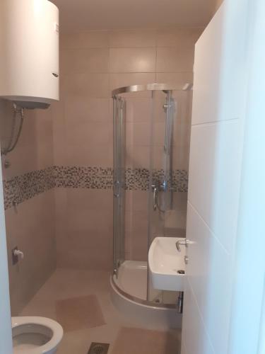 a bathroom with a shower and a toilet and a sink at Apartman kod Brke 20 A Bulevar Vojvode Živojina Mišiča in Banja Luka