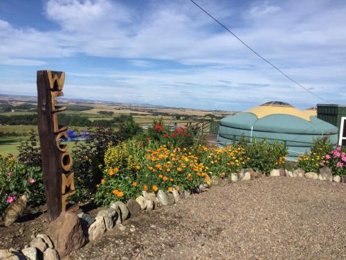 a garden with flowers and a dome in the background at Green Yurt with Hot Tub - Sleeps 3 Parking & WiFi in Turriff