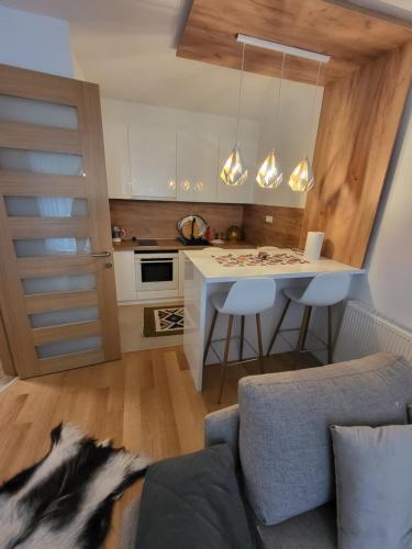 een woonkamer met een bank en een keuken bij Bjelasnica MAGIC MOUNTAIN in Bjelašnica