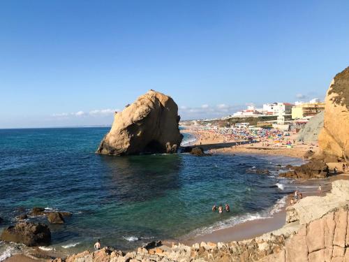 a beach with a large rock in the water at Ocean House in Santa Cruz