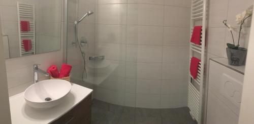 y baño blanco con lavabo y ducha. en Ferienwohnung Hanni en Wagrain