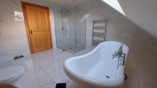 een witte badkamer met een wastafel en een douche bij Drumsallagh View in Loughbrickland