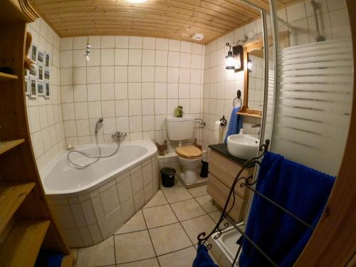 a bathroom with a tub and a toilet and a sink at Pfaffensteghof in Rickenbach