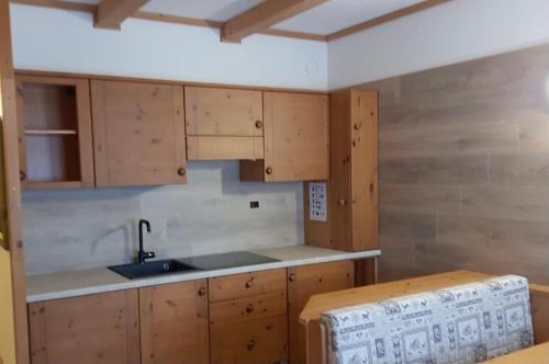uma cozinha com armários de madeira e um lavatório em Paradise Dolomiti flat em Falcade