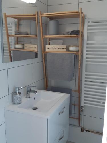 une petite salle de bain avec un lavabo et un miroir dans l'établissement Cosy T2 31m2 - Centre-Ville Dijon - Gare et Darcy, à Dijon