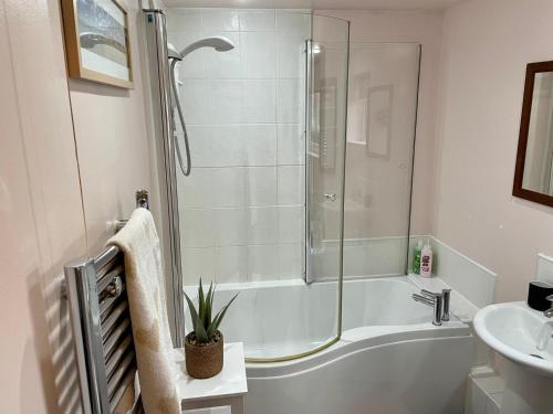 a bathroom with a shower and a tub and a sink at Lovely 3BD Home in the Heart of Morton in Morton