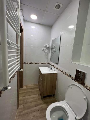 a bathroom with a toilet and a sink and a mirror at PRADALONGO in Madrid