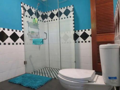 a bathroom with a toilet and a shower at Red Palms in Blahbatu