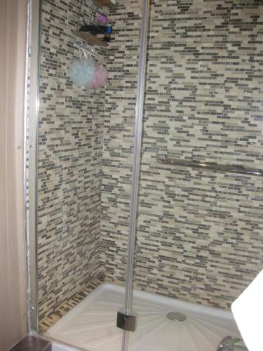 une douche avec une porte vitrée dans une salle de bain dans l'établissement Le Petit Cochon chambre d` hotes, à Haims