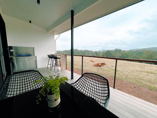 a balcony with two chairs and a view of a field at Seven Peaks Farm Stay in Beerwah