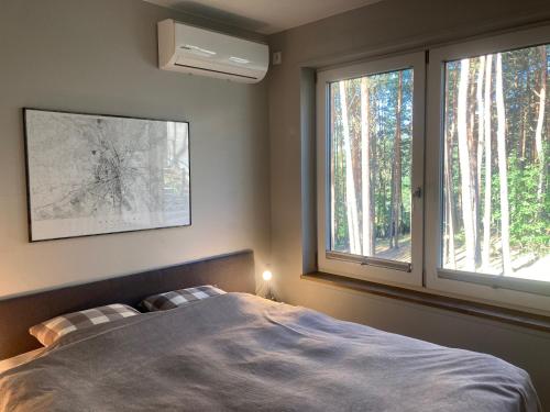 Inowłódz的住宿－Góra Spokoju Osada klimatyczna-leśna，一间卧室设有一张床和一个树木繁茂的窗户